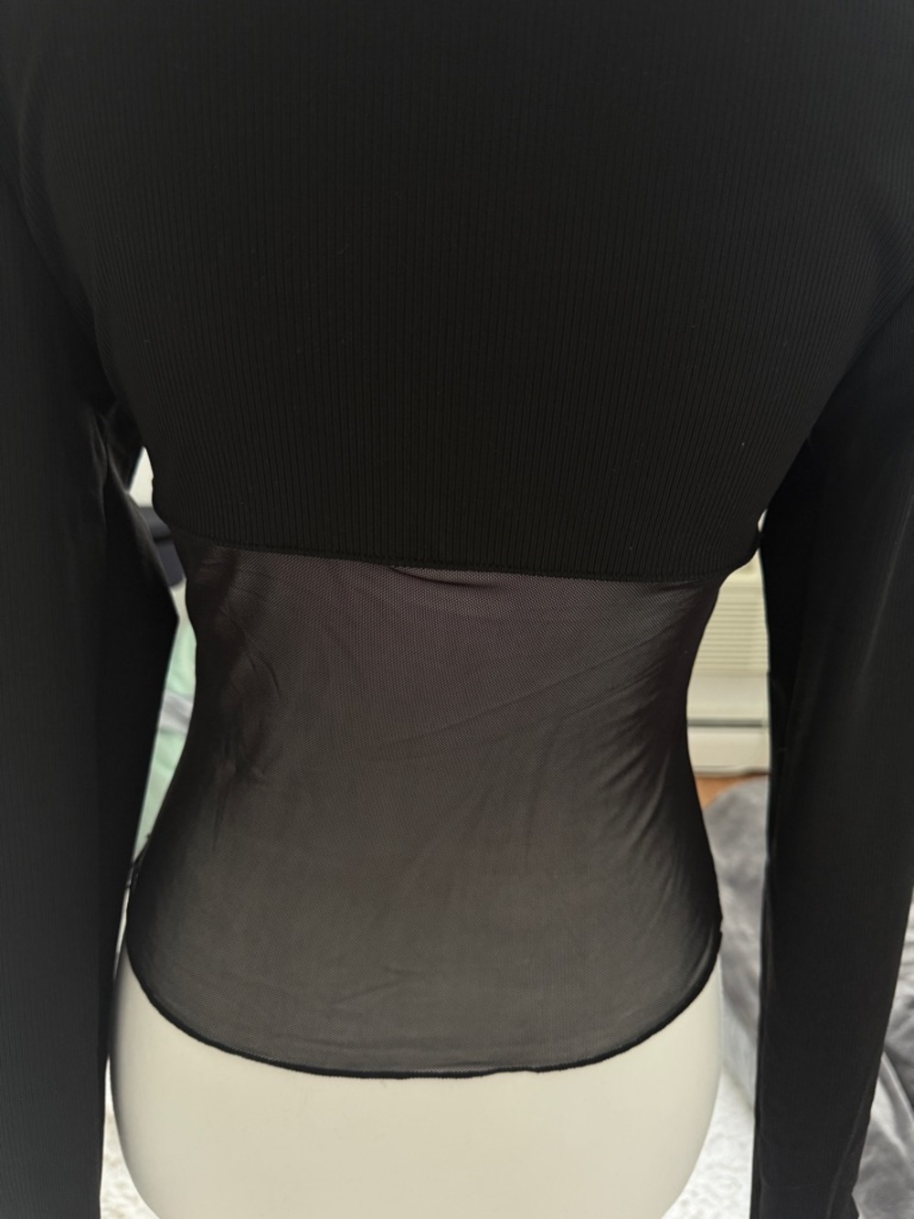 Black Mesh Corset Top Sheer Waist Long Sleeve High Neck Fitted Blouse - Picture 4 of 4